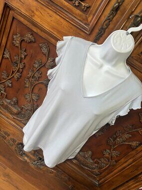 Calvin Klein Women's Blue V-Neck Blouse, Short Ruffle Sleeve, Size M, Coquette